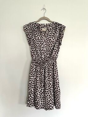 LOFT White Dress with Brown Leaf Print, Drawstring Waist